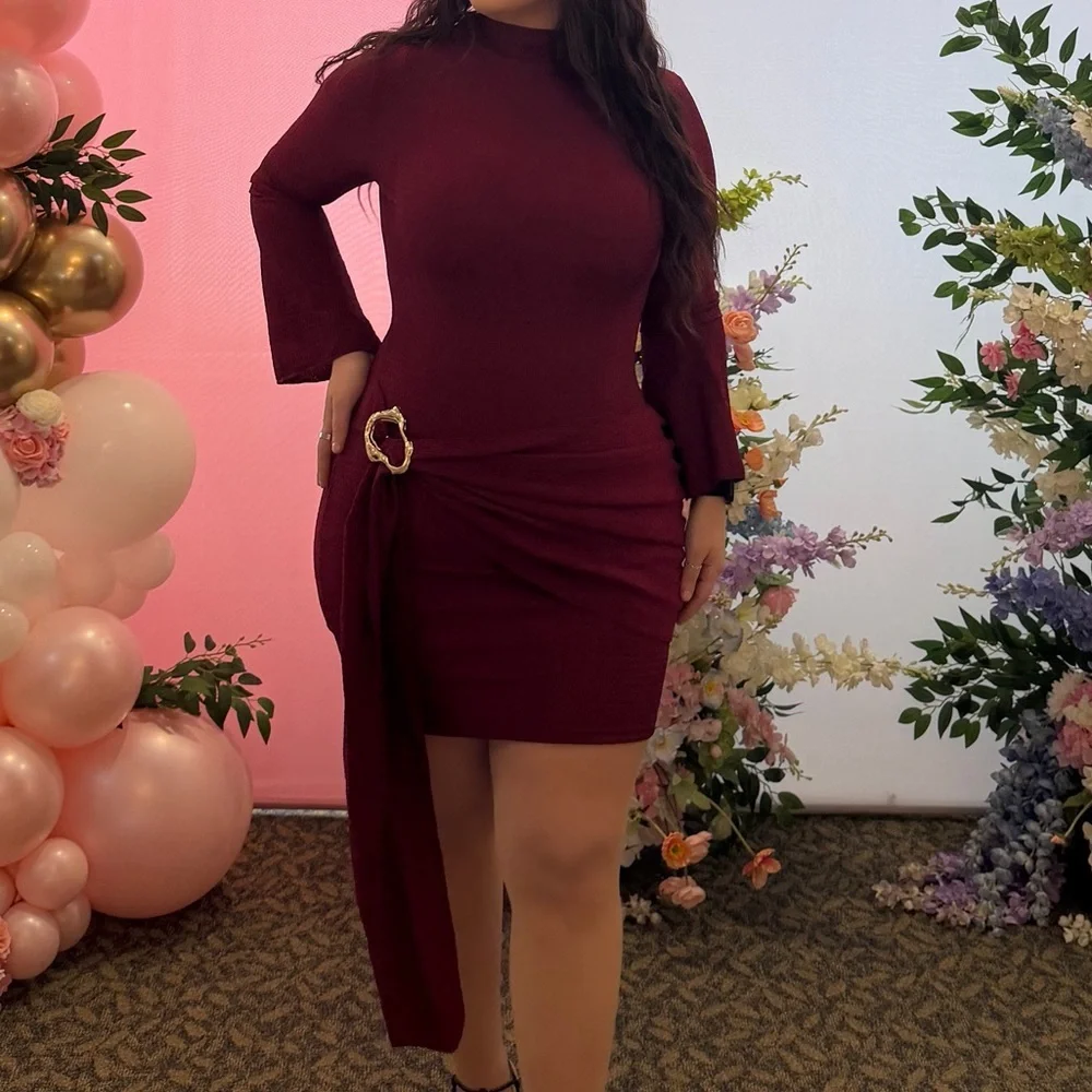 Burgundy Mock Neck Mini Dress with Decorative Buckle Worn Once - Picture 2 of 4
